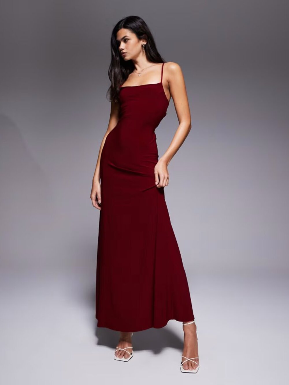 ASOS DESIGN lace up back maxi slip dress in burgundy